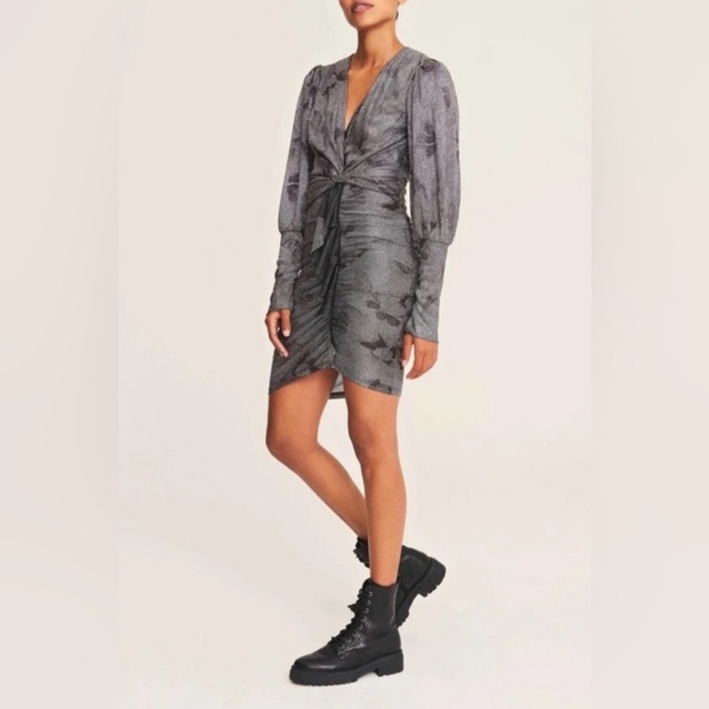 ba&sh Lizie‎ Twist-front Metallic Floral-print Knitted Mini Dress In Silver